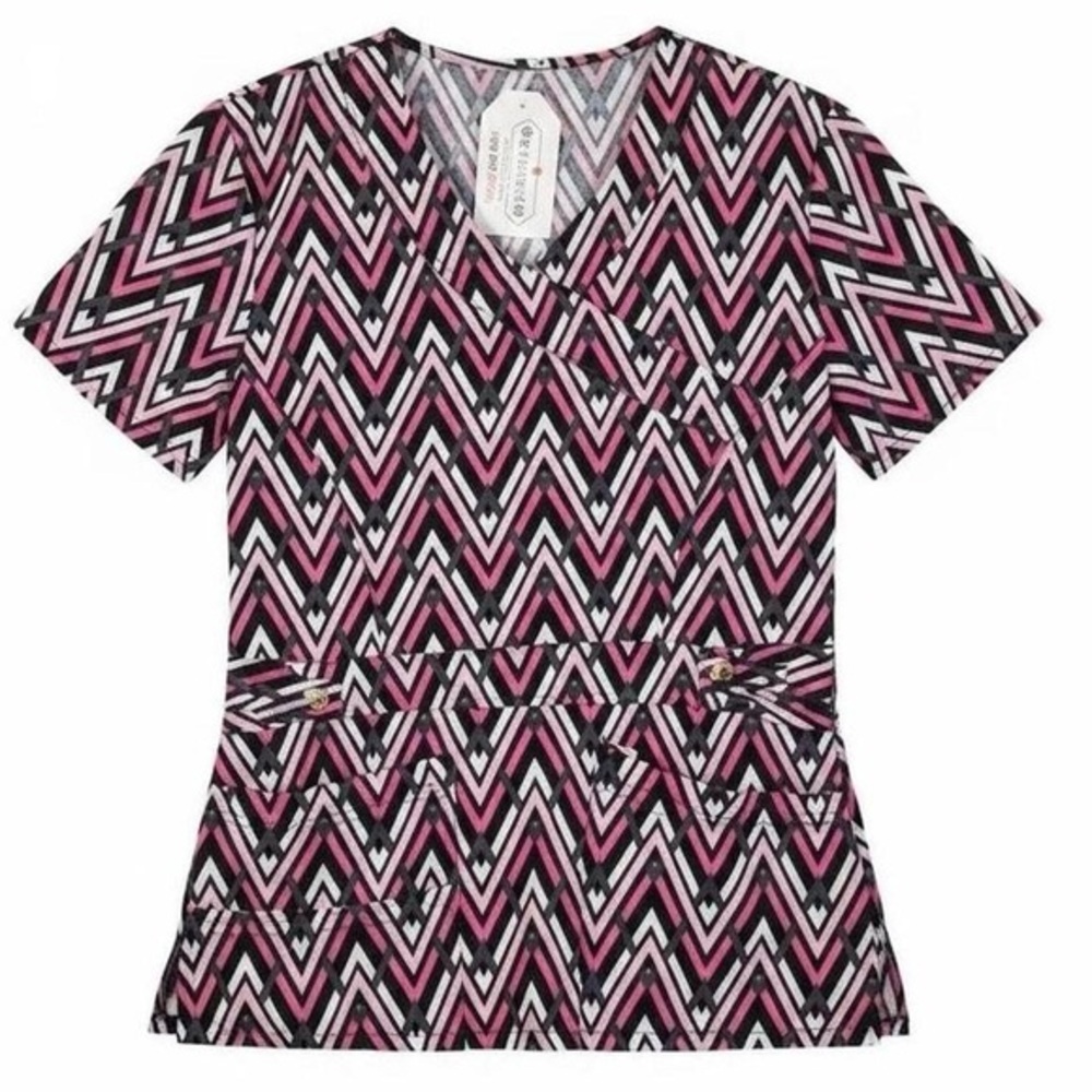 Scrubaid Tapered Fit Scrub Top - Pink & Grey Chevron